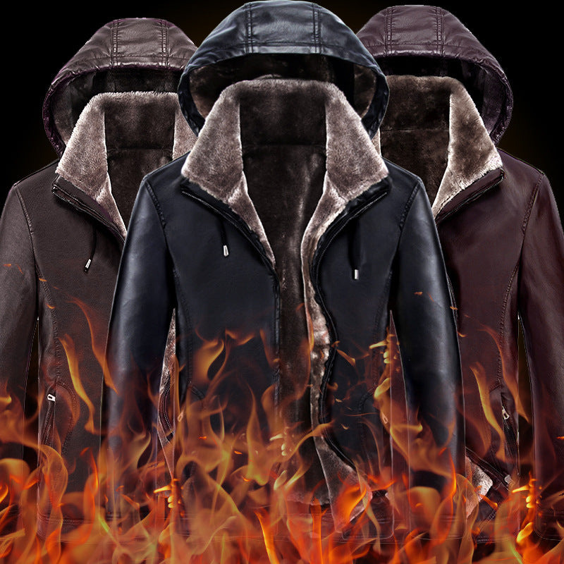 Herren Lederjacke Urban Style Kapuze Warm