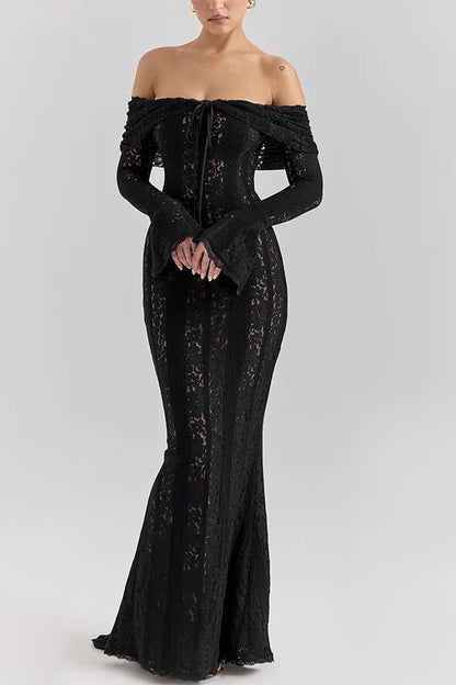 Weiße Off Shoulder Maxi Kleid Spitze Fishtail Damenkleid