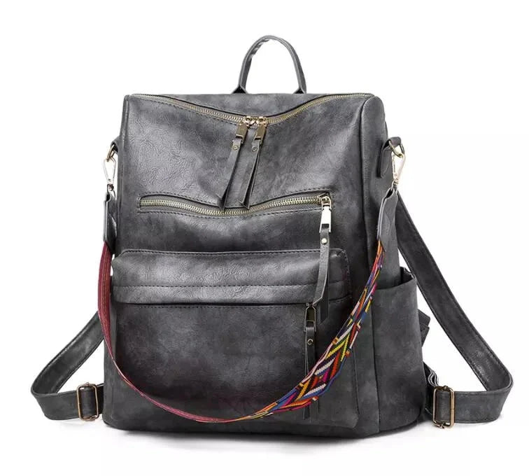 Leder Rucksack Elegant Damen Schultertásche Schwarz