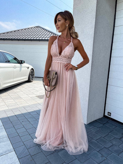 Langes Abendkleid aus Tüll mit Trägern Spitze