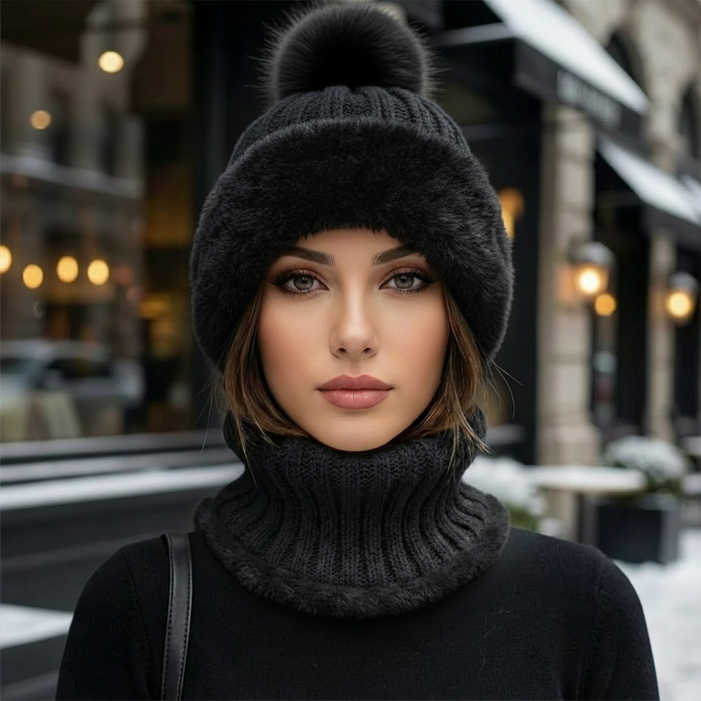 Warme Wintermütze 2-in-1 mit Schlauchschal und Kunstfell