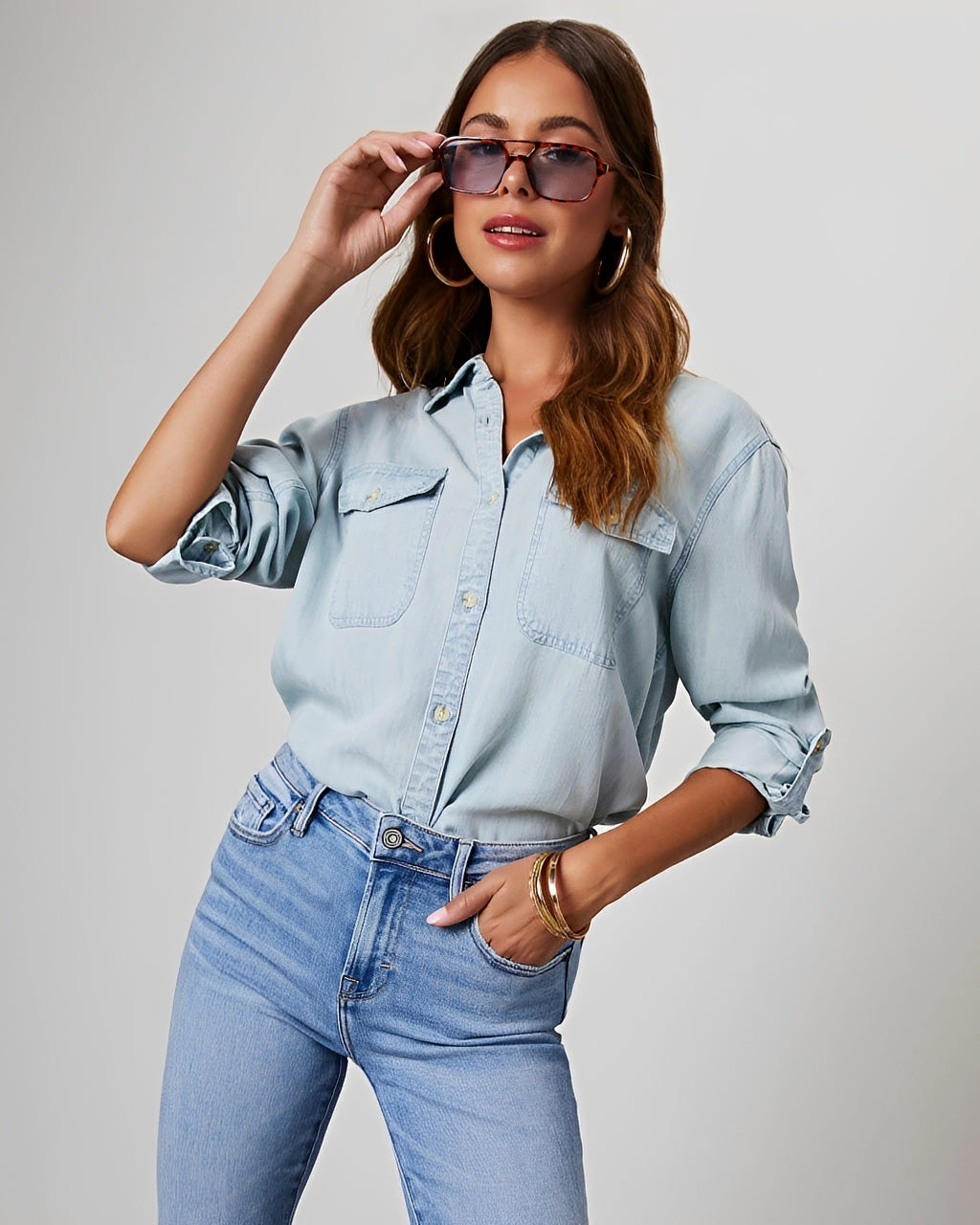 Damen Jeanshemd Langarm Klassisch Modern - BerlinGlamour