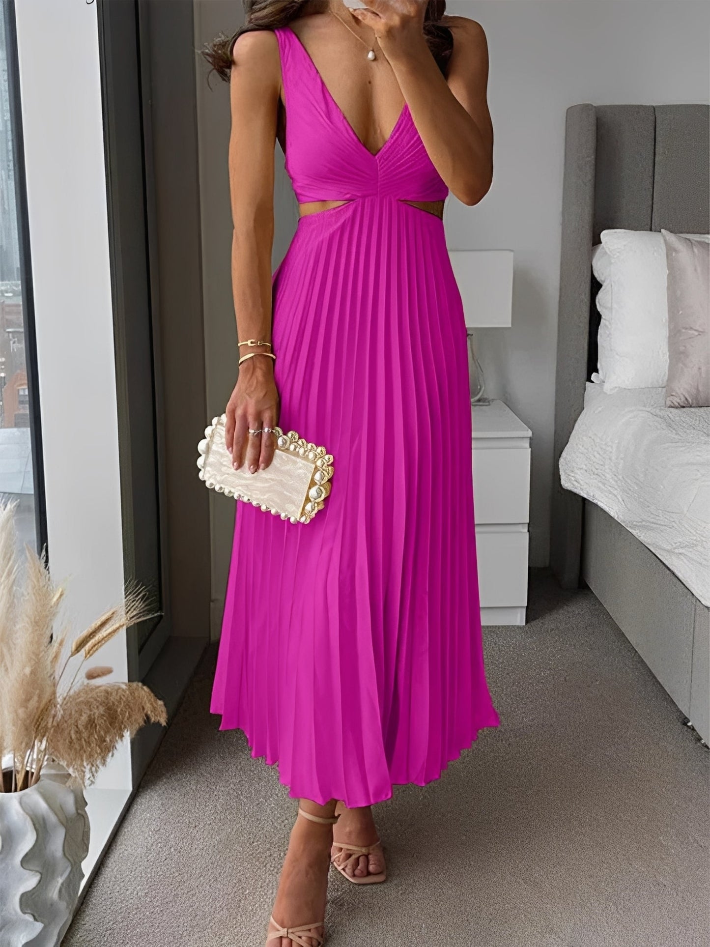 Elegantes Damenkleid Plissee Hohltaille Schwarz