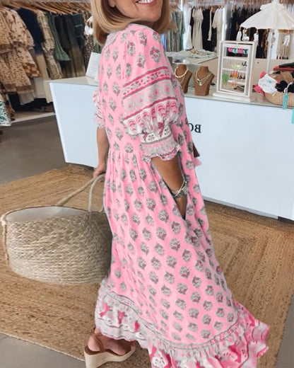 Damen Midi-Kleid Bedruckt V-Ausschnitt Sommerkleid