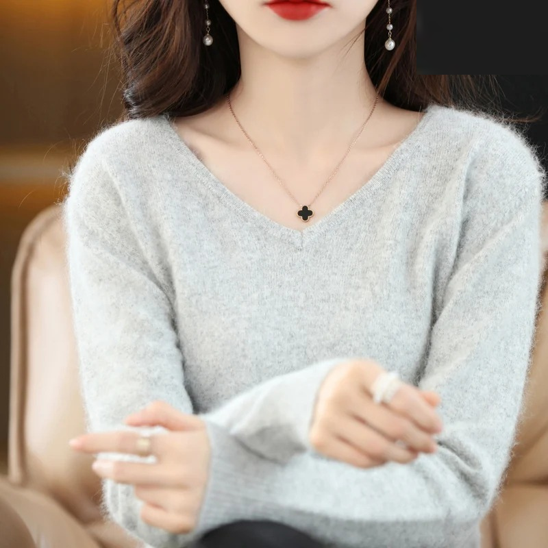 Damen Pullover V-Ausschnitt Weich Leichter Strick