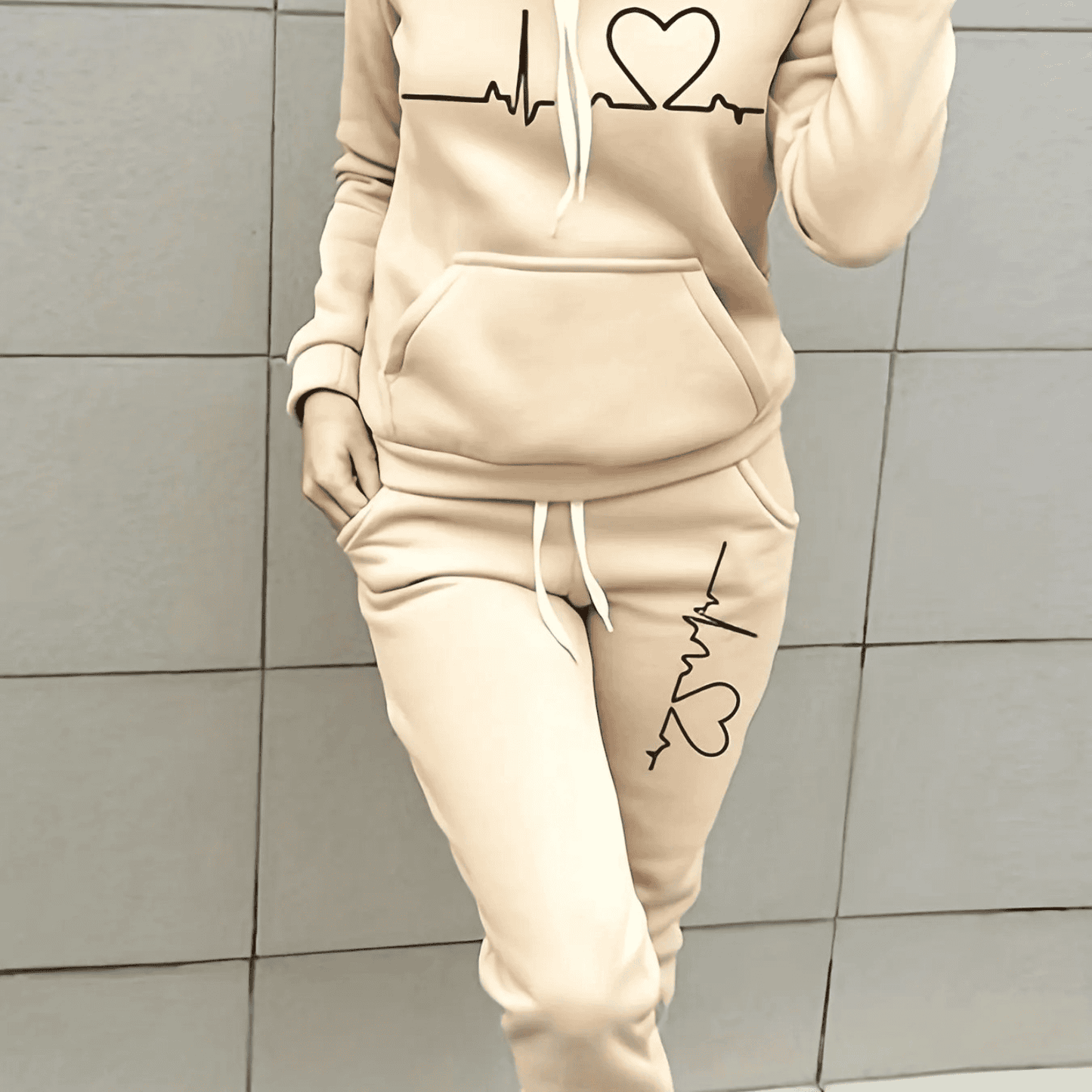 Damen Hoodie Set mit Herz Motiv Warm Winter