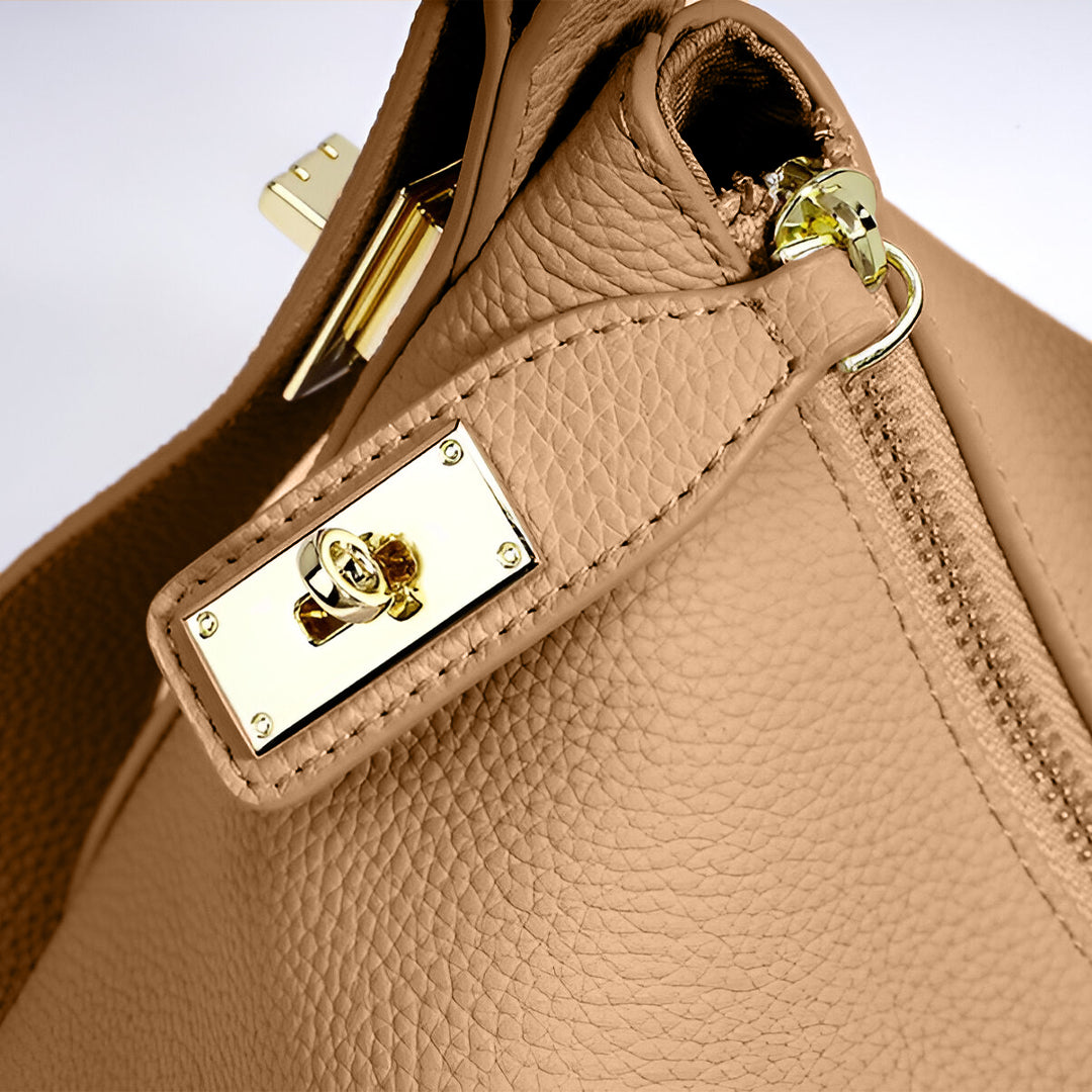 Damen-Schultertasche Leder Strukturiert Beige Gold