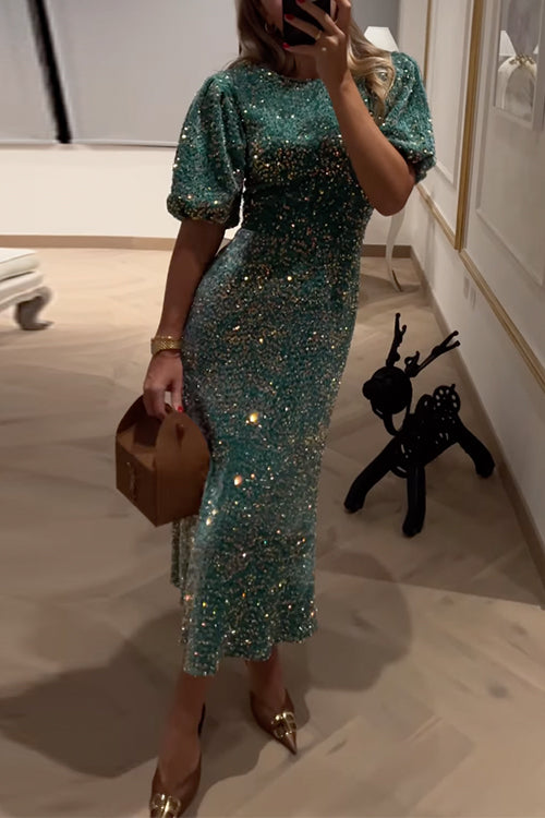 Pailletten Partykleid Kurzarm Tailliert Glitzernd Midi