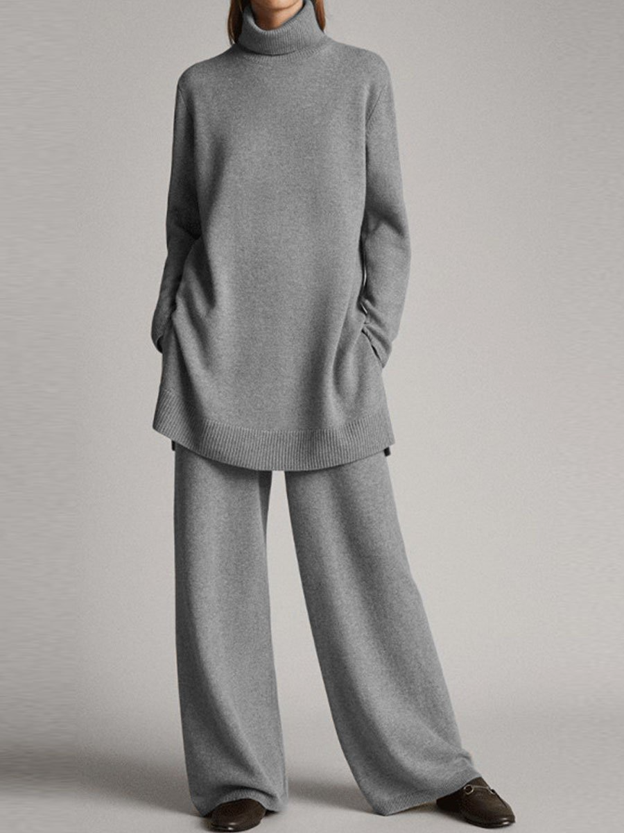 Damen Pullover und Hose Set Rollkragen Weitbein Warm