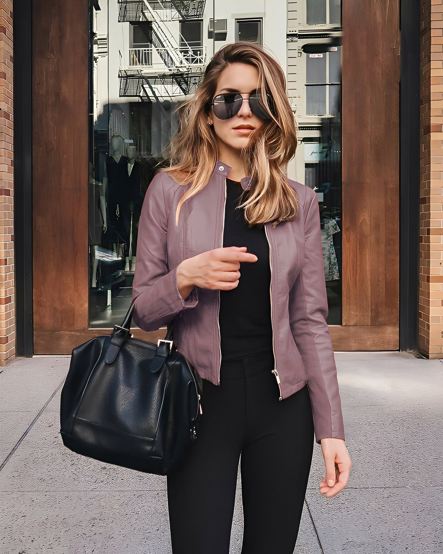 Ledermantel Damen Elegant Schnitt Schwarz