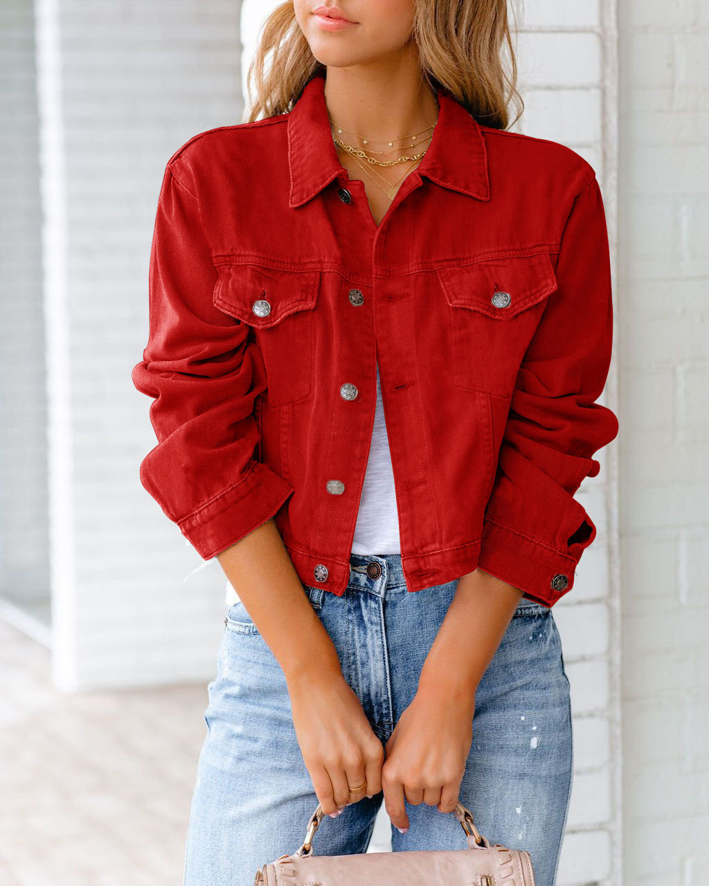 Modische Jeansjacke Damen Mit Knöpfen Und Taschen