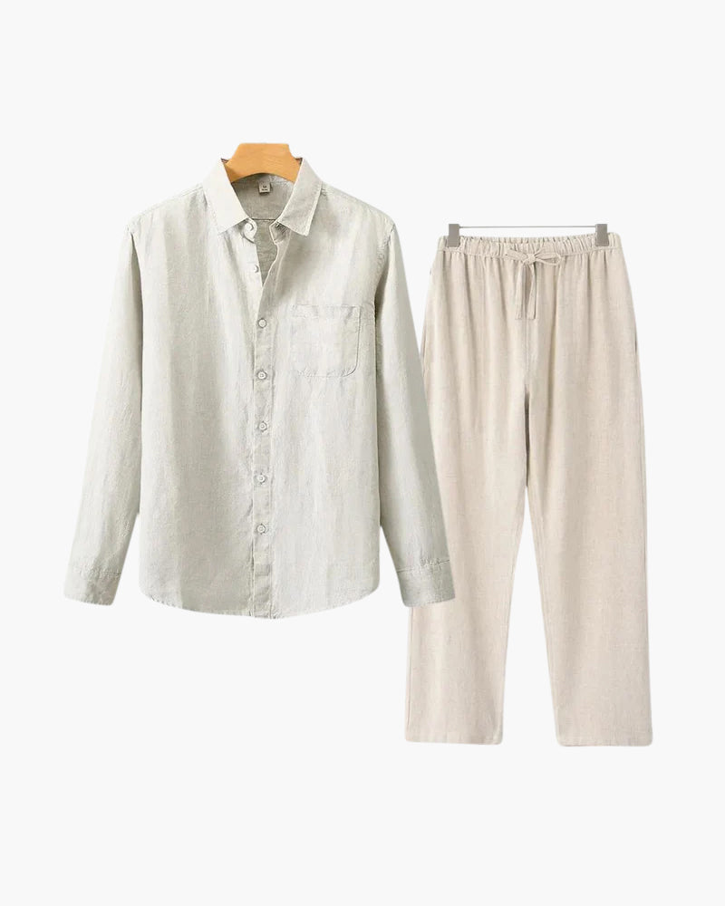 Herren Leinenanzug Sommer Zweiteiler Langarm Hose Hemd Set