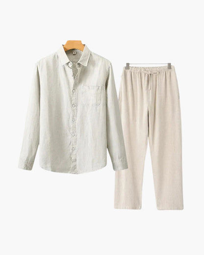 Herren Leinenanzug Sommer Zweiteiler Langarm Hose Hemd Set