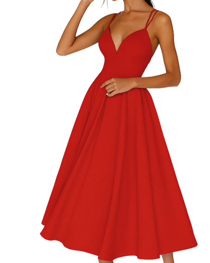 Damen Midi Kleid Hochzeitsgast Trägerkleid Elegant