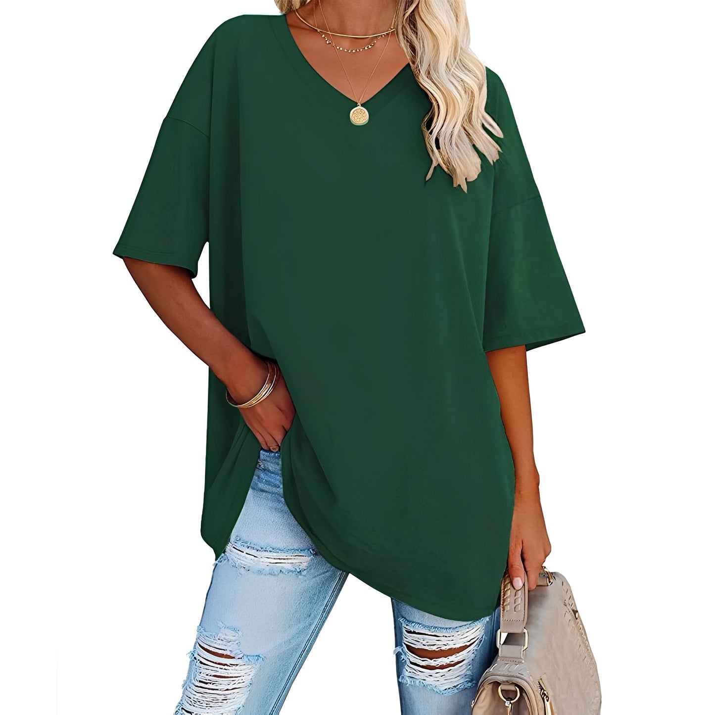Damen Shirt V-Ausschnitt Lässig Locker Geschnitten