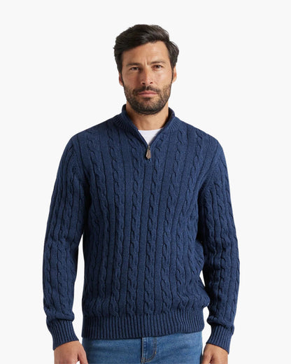 Marineblaue Zopfmuster Pullover Set mit Hose und Loafer
