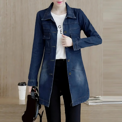 Lange Jeansjacke Frauen Stickdetails Vintage Style