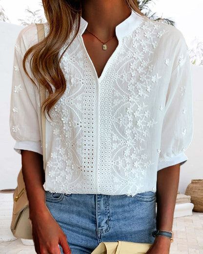 Damen Bluse V-Ausschnitt Puffärmel Elegant
