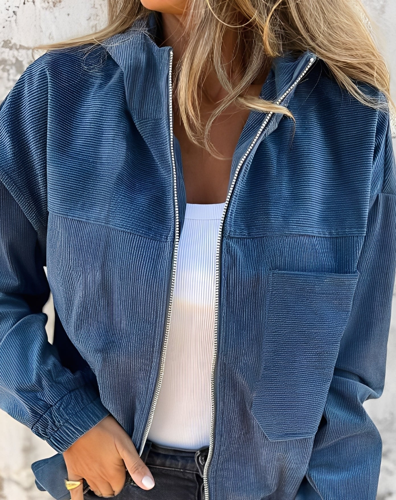 Frauen Cordjacke Lässig Mit Kapuze Trendig