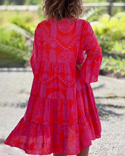 Boho Kleid 3/4 Ärmel Geometrischer Druck Frauen