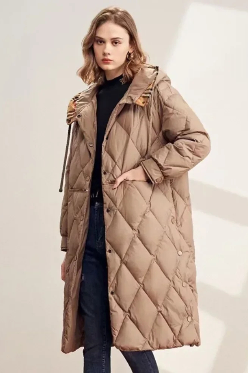 Langer Damenmantel mit Kapuze Diamant Muster Warm