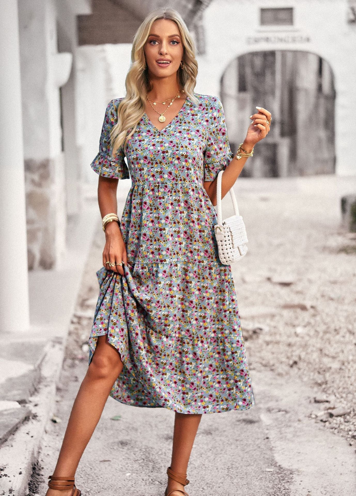 Damendress Blumenmuster Bequem Midilength Sommerkleid