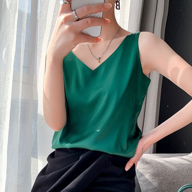 Damen Oberteil V-Ausschnitt Satin Top Elegent