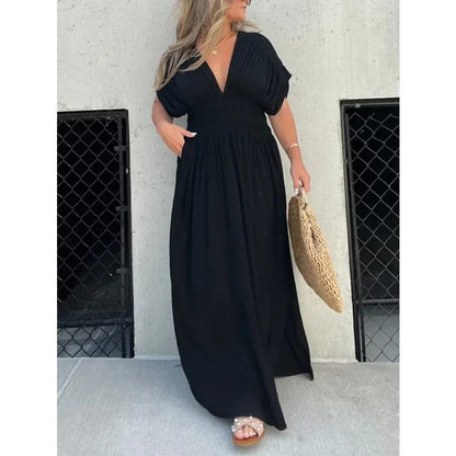 Langes Damen Maxikleid Sommer Boho Strandkleid mit V-Ausschnitt