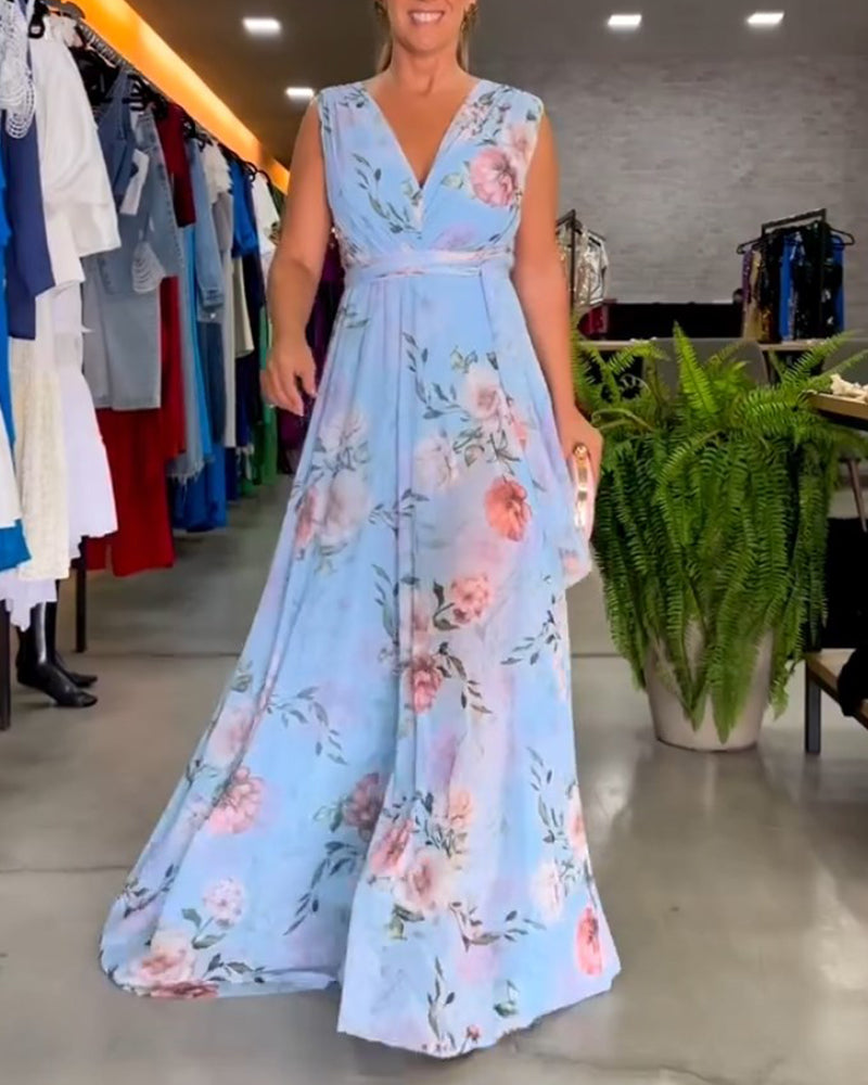 Elegantes Sommerkleid V-Ausschnitt Blumenprint