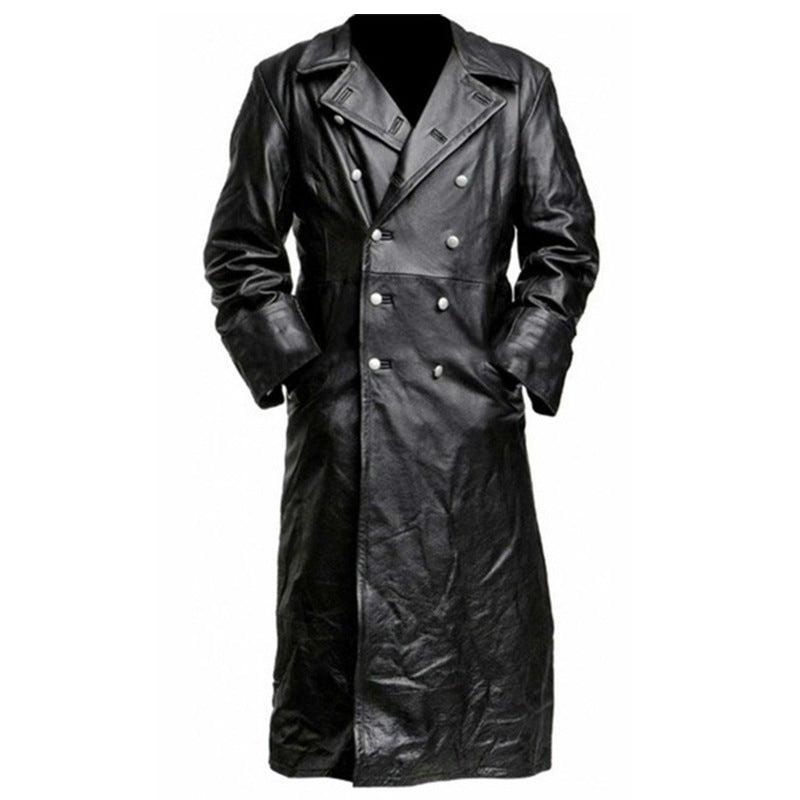 Langer Ledermantel Schwarz Elegant Damen