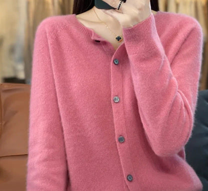 Damen Strickjacke Merino Wolle Rundhals Langärmlig
