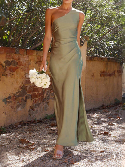 Satin Maxikleid Damen Elegant Schulterfrei Mit Schlitz