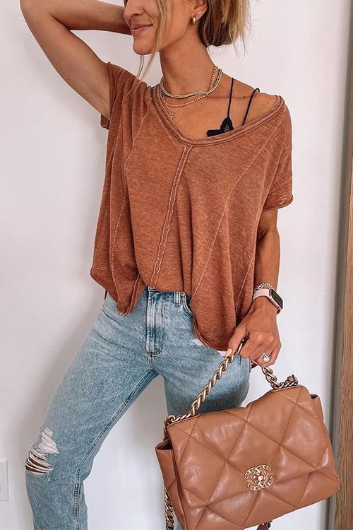 Damen T-Shirt Einfarbig V-Ausschnitt Kurzarm Modern - BerlinGlamour