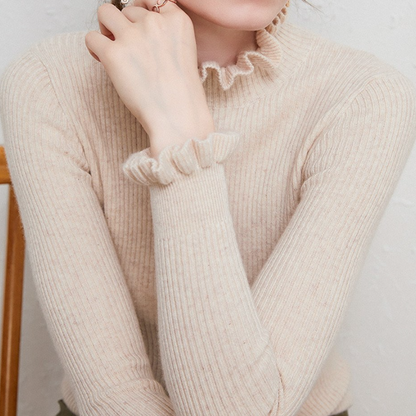 Damen Strickpullover Rollkragen Weich Rüschendetails