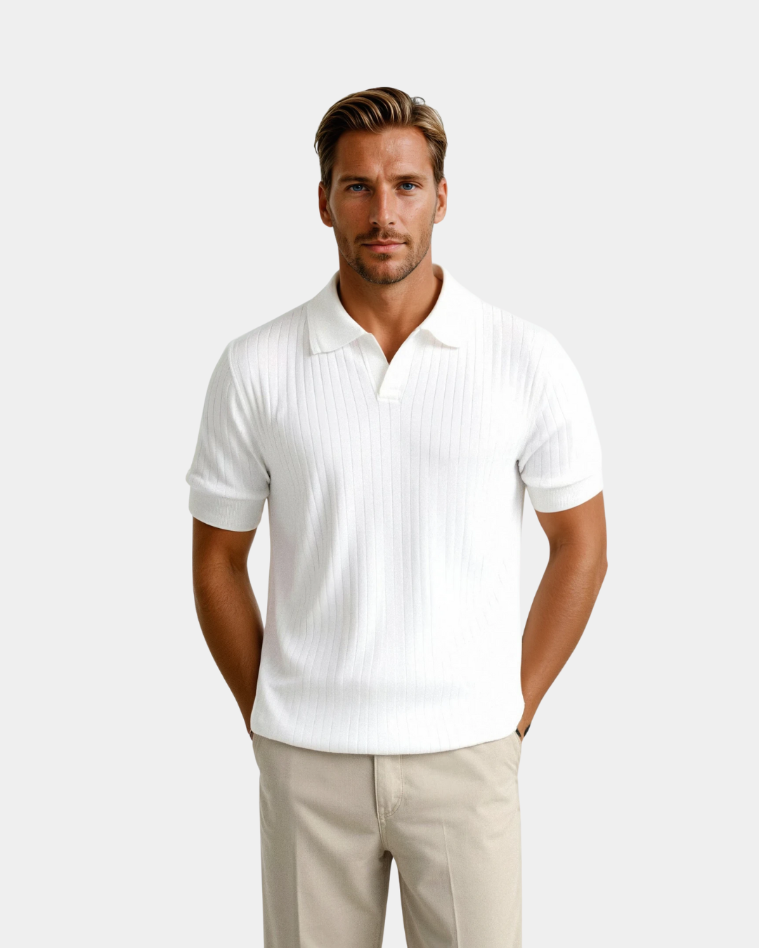 Herren Poloshirt Slim Fit Rippstrick Offener Kragen - BerlinGlamour