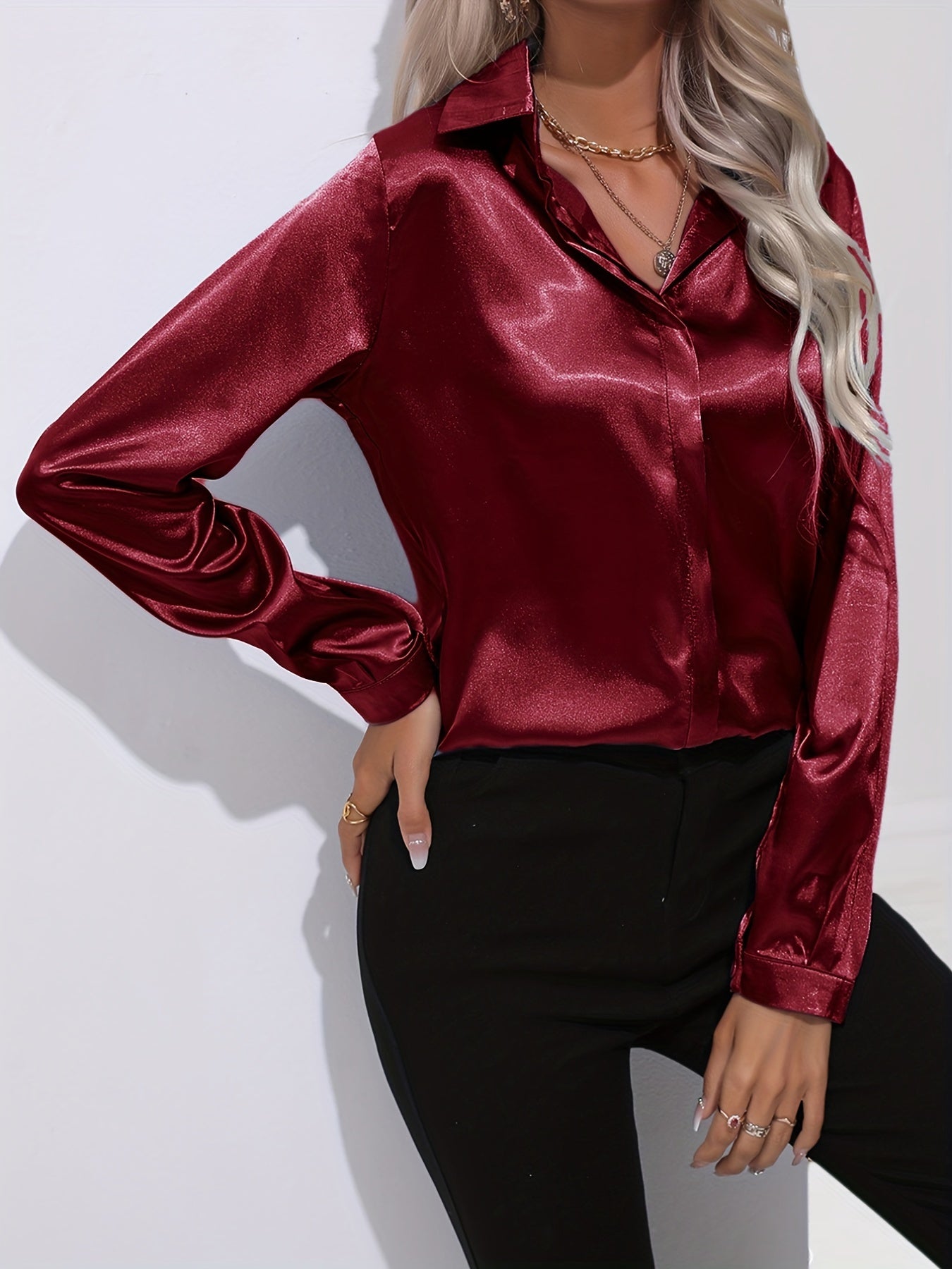 Damenhemd Satin Elegantes Langarm Oberteil
