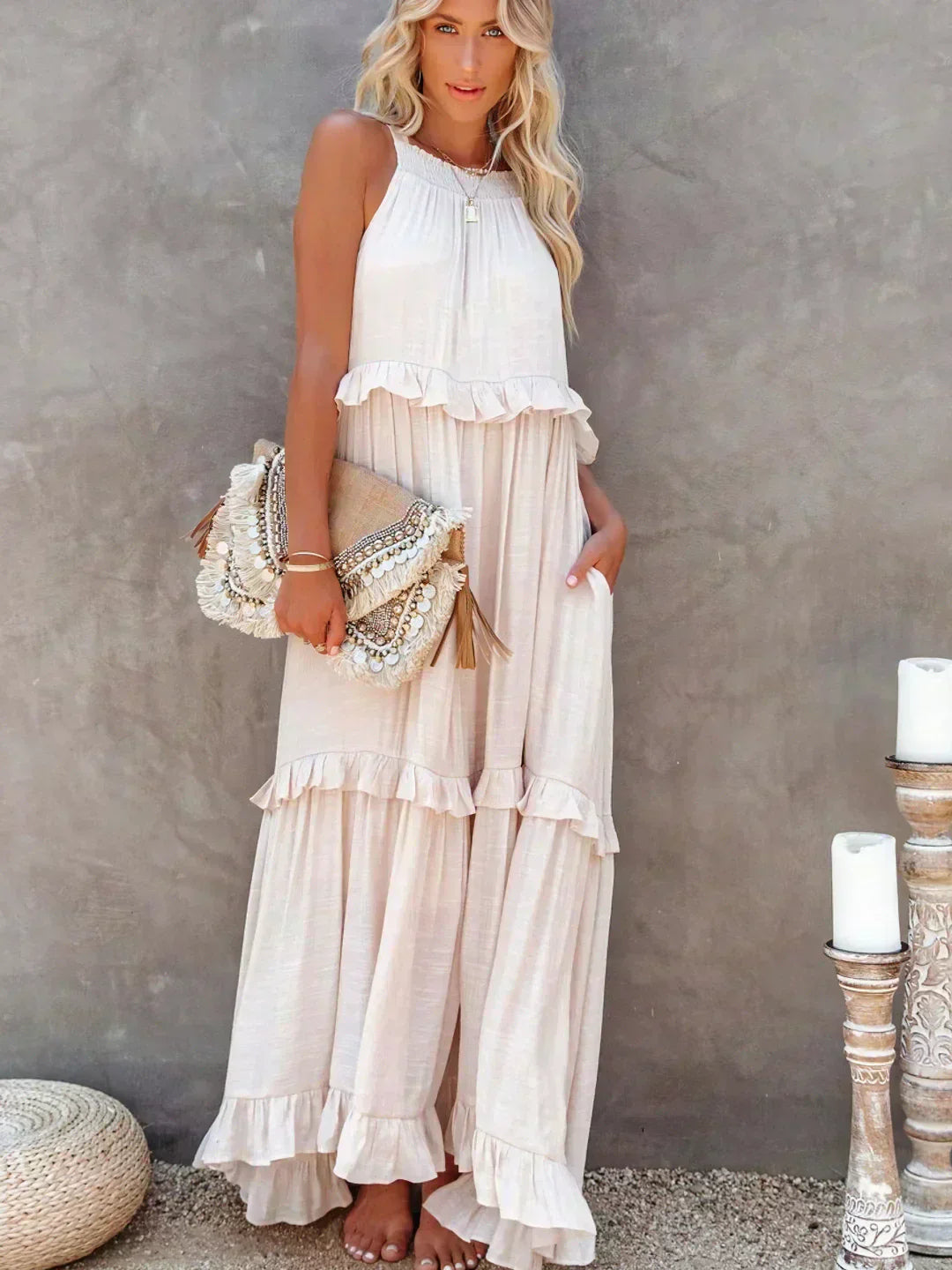 Sommer Maxikleid mit Volants Neckholder Damenkleid