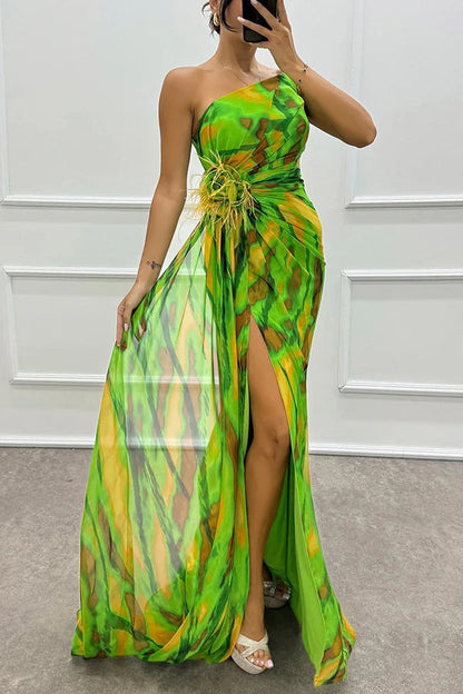 Schulterfreies Abendkleid Damen Lang Maxikleid mit Hochschlitz