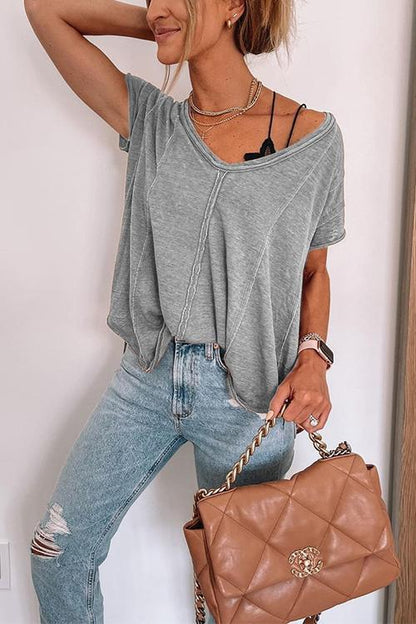 Damen T-Shirt Einfarbig V-Ausschnitt Kurzarm Modern