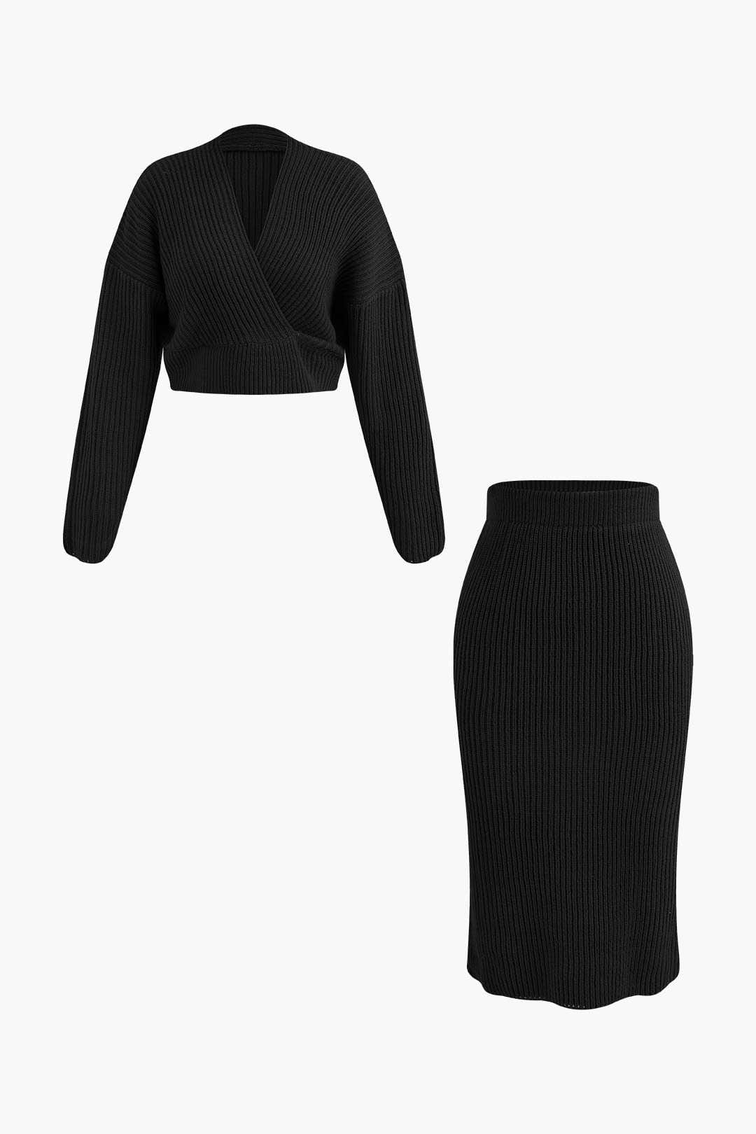 Klara | Damen Strick-Set Wickel-Oberteil Bleistiftrock Eleganz