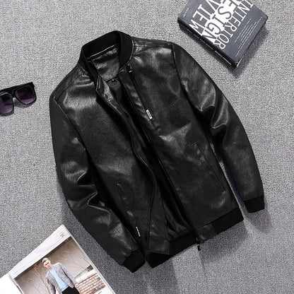 Herren Lederjacke Modern mit Taschen Schwarz Bikerstil