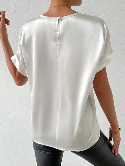 Damen T-Shirt Satin Optik Umschlag Ärmel Elegantes Design - BerlinGlamour