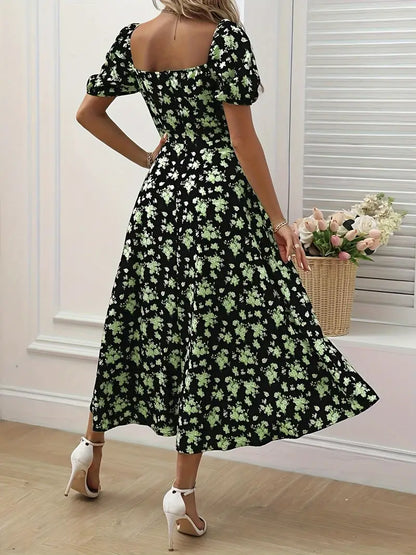 Schickes A-Linien-Kleid mit Puffärmeln Blumendruck Damenkleid