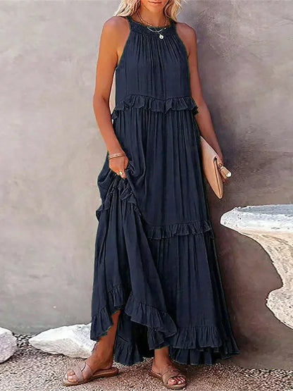 Sommer Maxikleid mit Volants Neckholder Damenkleid