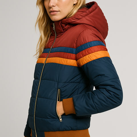 dunkelblaue Pufferjacke mit Regenbogenstreifen und roter Kapuze, Seitenansicht
