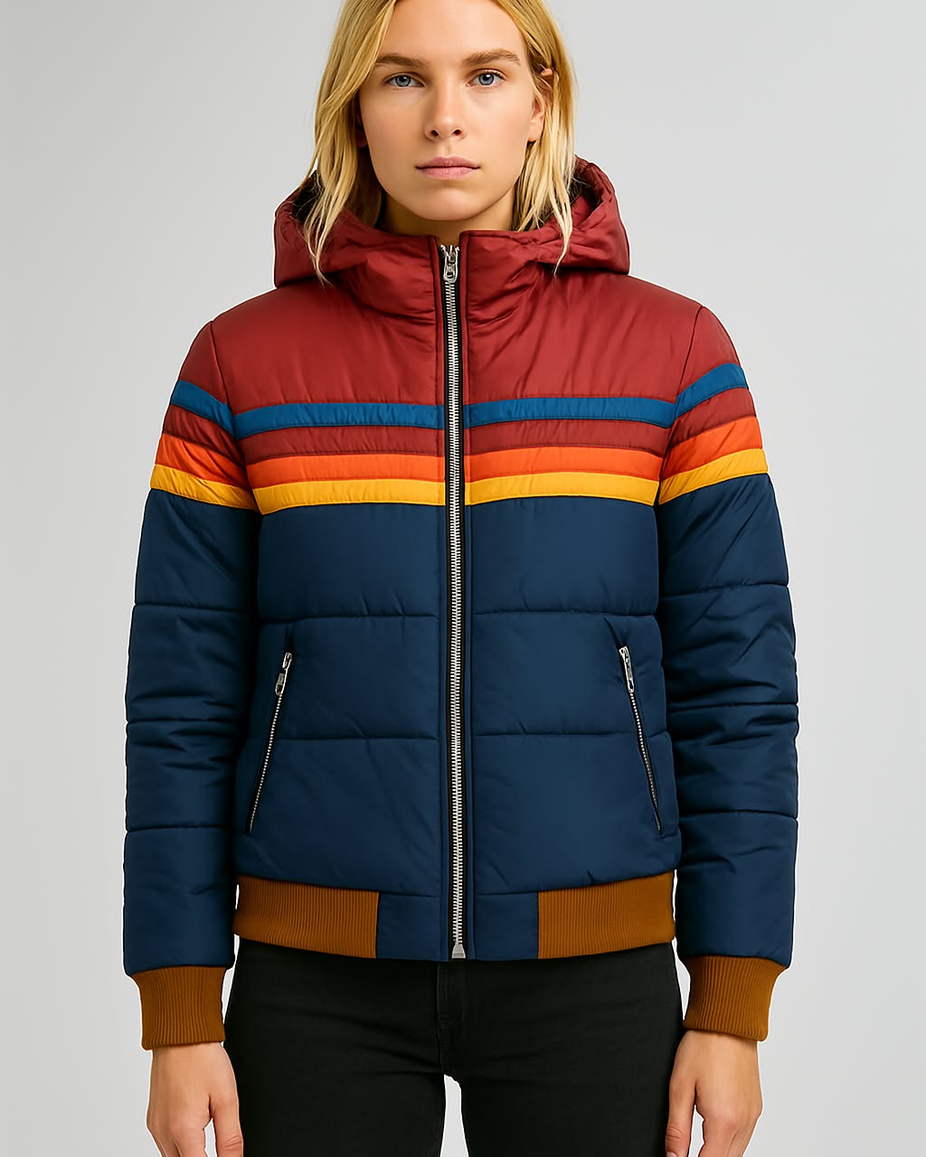 Retro Pufferjacke Regenbogen Streifen Warm gefüttert - BerlinGlamour