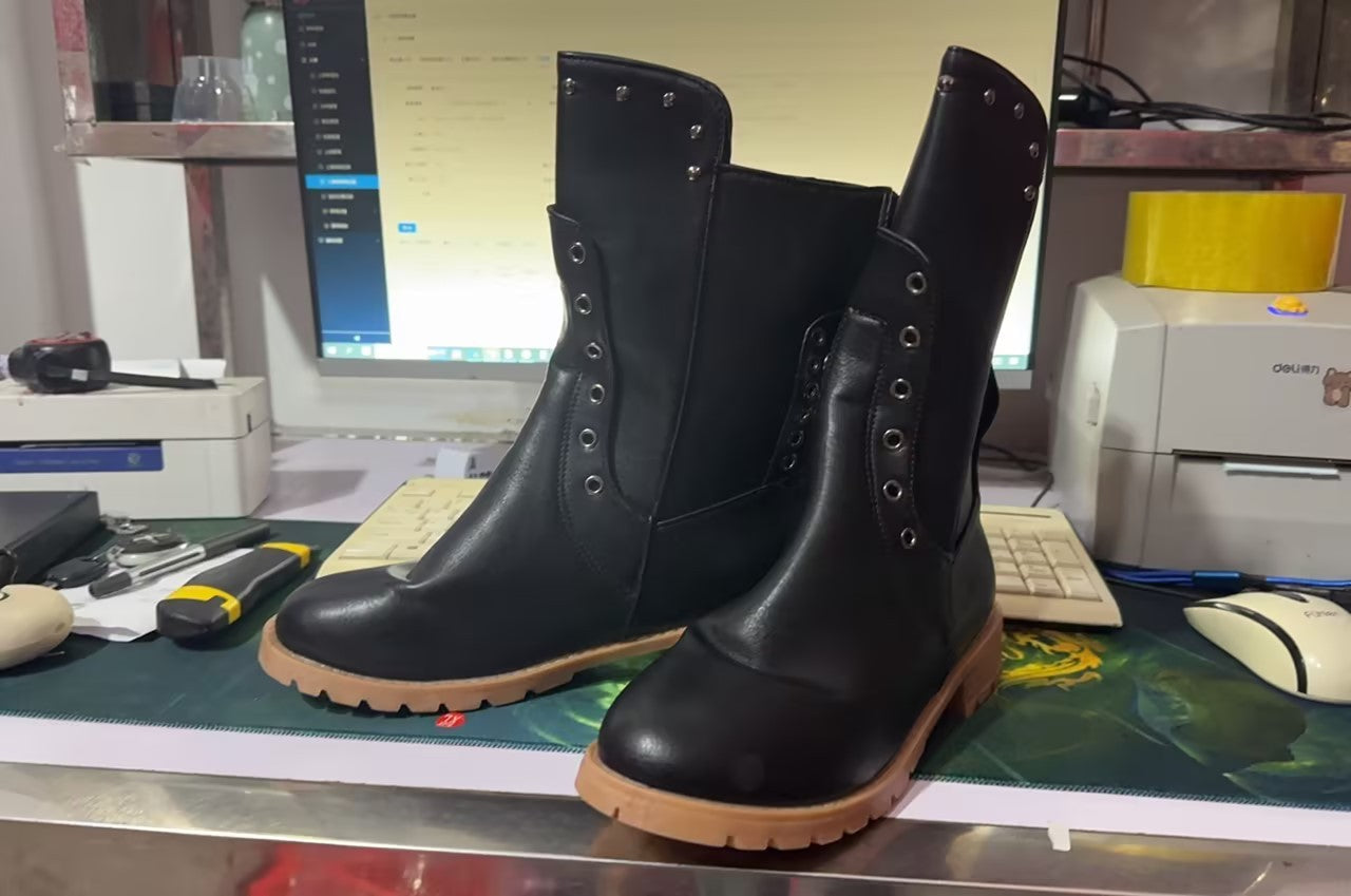 Damen Lederstiefel Vintage Halbhohe Stiefel Schwarz