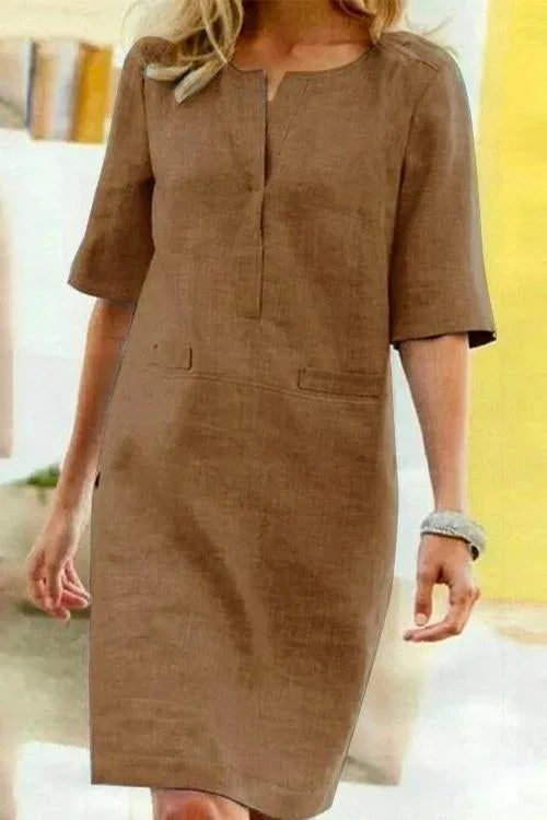 Kleid Damen Kurzärmlig Leinen Sommerkleid Baumwolle
