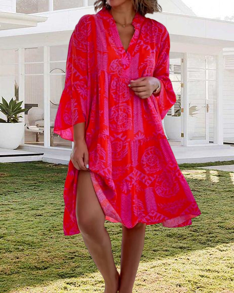 Boho Kleid 3/4 Ärmel Geometrischer Druck Frauen