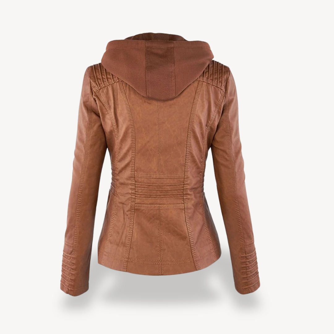 Wasserdichte Lederjacke Damen Kapuze Schwarz Ledermantel - BerlinGlamour